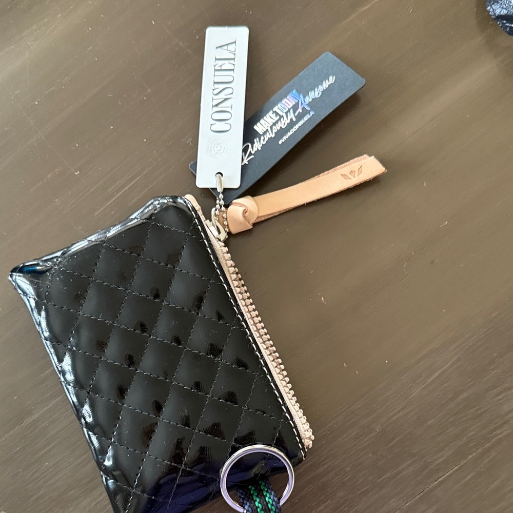 Consuela Jax Black Quilted Patent Mini Zip Pouch Key Chain- NWT - Picture 2 of 3